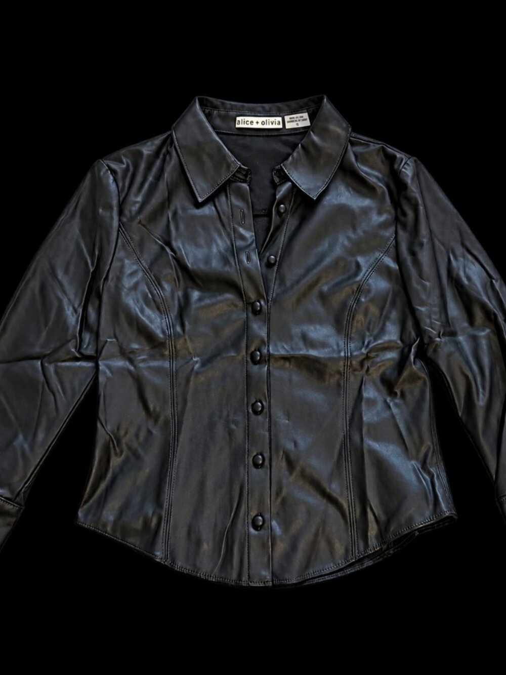 Alice + Olivia Black Vegan Leather Button Down Shirt Fitted Size S